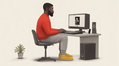 Young man sitting at desk working from home, using computer and editing pictures, digital illustrationの素材