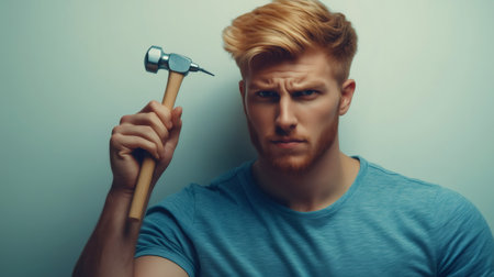 Portrait of a builder holding hammer with a serious facial expression, depicting frustration and dissatisfaction in a construction settingの素材