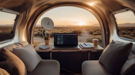 Digital nomad working remotely from camper van at sunset enjoying freedom and mobilityの素材