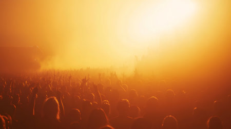 Music fans enjoying live performance at outdoor summer festival under a beautiful sunsetの素材