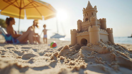 Family relaxing under beach umbrella while children building sandcastle on sunny beachの素材