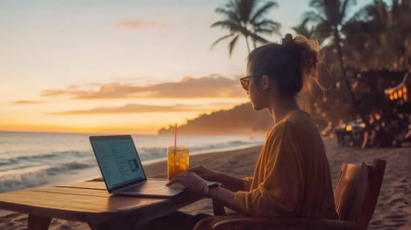 Freelancer enjoying work life balance, working remotely on laptop from exotic beach destination during sunsetの素材