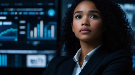 Young woman working late in a dark office analyzing financial data on computer screensの素材
