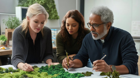 Architects collaborating on a blueprint with miniature trees and plants, developing eco friendly urban landscapeの素材