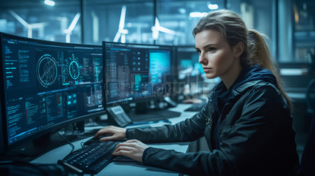 Female industrial engineer working on computer in control room, monitoring and controlling sustainable energy plantの素材