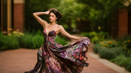 Beautiful young woman wearing a long printed dress posing in a parkの素材