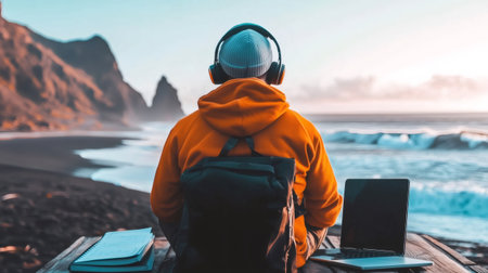 Man wearing headphones working remotely on beach with laptop and notebook, enjoying music and contemplating the ocean viewの素材