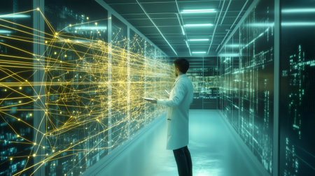 Scientist working with futuristic interface in server room analyzing big data and neural network connectionsの素材