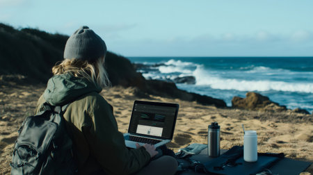 Woman working remotely on a laptop on the beach enjoying freedom and mobilityの素材