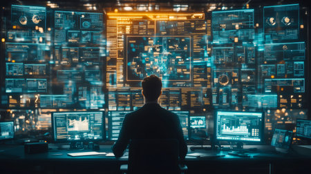 IT specialist monitoring and controlling big data on multiple computer screens in a futuristic officeの素材