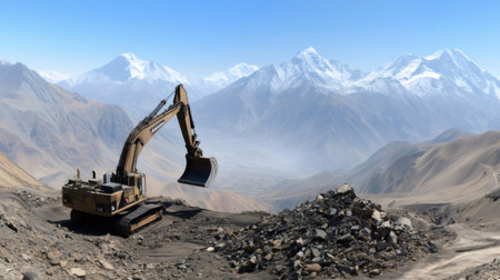 Excavator moving rocks on a mountain road construction with snowy peaks in the backgroundの素材