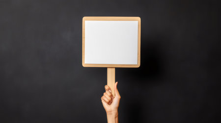 Hand holding a blank wooden sign with a white background against a black background, ideal for adding text or graphicsの素材