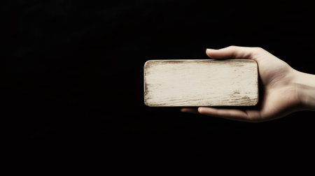 Hand showing small blank wooden sign on black background, ideal for showcasing text or logoの素材