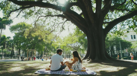 Young couple having picnic under large tree in sunny urban park, enjoying food and conversationの素材