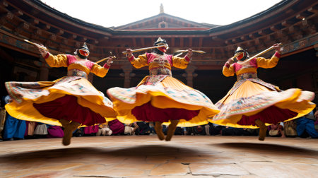 Three masked dancers whirling in traditional costumes, performing a sacred Cham dance at a Bhutanese monasteryの素材