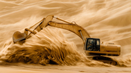 Large excavator digging sand in a desert environment, creating a dramatic cloud of dustの素材