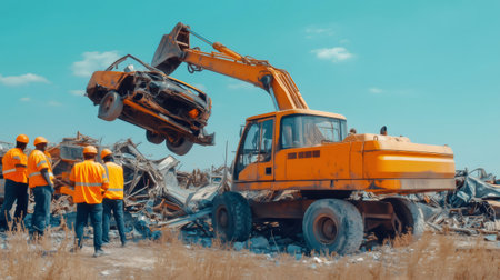 Large excavator lifting a rusty abandoned car in junkyard, with workers in safety vests supervisingの素材