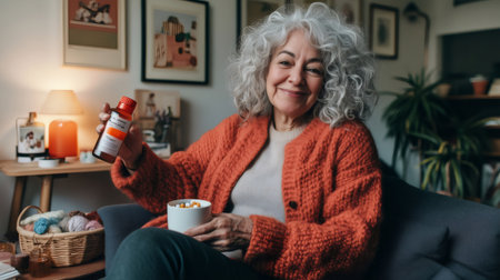Happy elderly woman showing medicine bottle and relaxing on sofa with herbal tea, promoting healthy lifestyle and wellness in old ageの素材