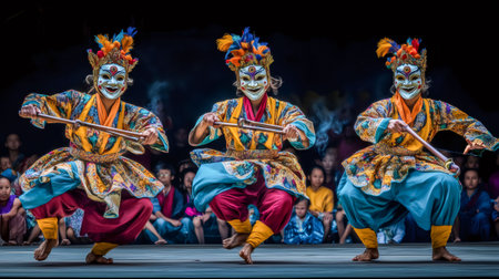 Three masked dancers performing a traditional Cham dance during a religious festival in Bhutanの素材