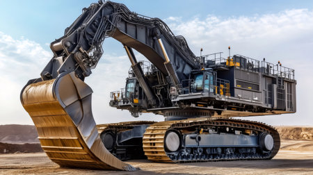 Giant excavator digging in an open pit mine under a cloudy skyの素材