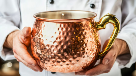 Chef wearing white uniform holding hammered copper pot with brass handleの素材