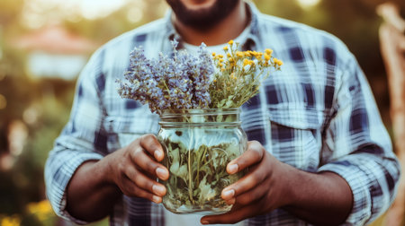 Smiling farmer holding a glass jar with lavender and yellow flowers bouquet in his handsの素材