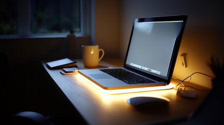 Modern workspace with laptop, tablet, and coffee mug bathed in warm ambient light, perfect for working from homeの素材