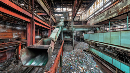 Conveyor belt carrying plastic waste for recycling inside abandoned industrial buildingの素材