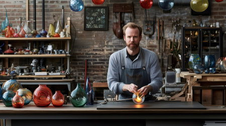 Glassblower shaping a glowing glass piece in a workshop, surrounded by colorful hand blown vases on a workbenchの素材