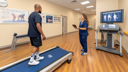 Male patient recovering from injury walking on treadmill during rehabilitation session with assistance of healthcare professionalの素材