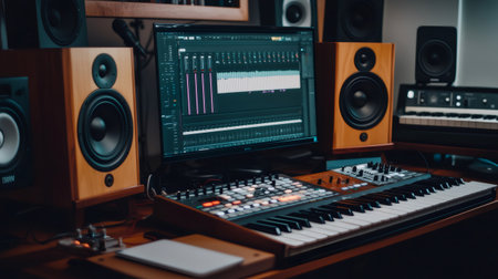 Professional music production setup featuring computer screen showing audio editing software, midi keyboard and studio monitorsの素材