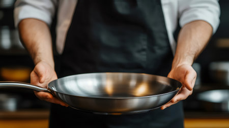 Professional chef holding a stainless steel pan in a restaurant kitchenの素材