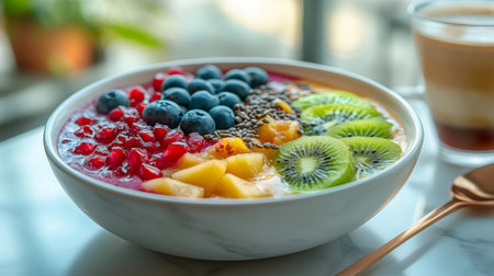 Colorful smoothie bowl topped with various fresh fruits, offering a nutritious and refreshing breakfast optionの素材