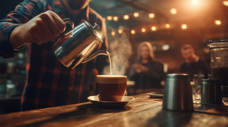 Barista pouring steamed milk into cup of coffee preparing latte in cafeの素材