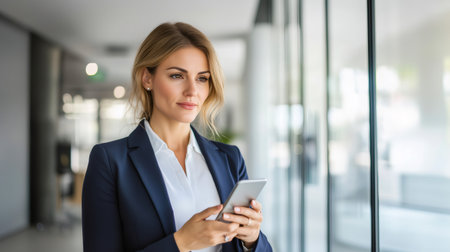 Young businesswoman using mobile phone in modern office buildingの素材