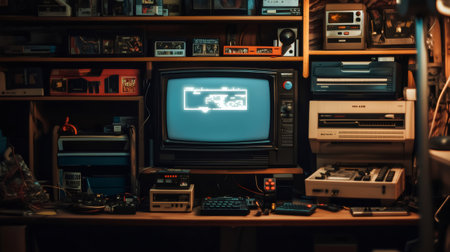 Nostalgic scene featuring a vintage gaming setup with an old computer, CRT television, and various peripherals, evoking a sense of retro gamingの素材