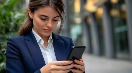 Young manager reading messages on her phone in urban financial districtの素材