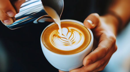 Barista preparing latte art with milk and coffee in a white cupの素材