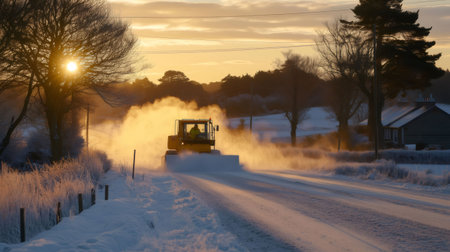 Snowplow clearing snow from a rural road at sunrise, creating a cloud of snow dustの素材