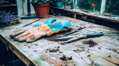 Gardening tools and muddy gloves resting on potting bench in greenhouse after finishing workの素材