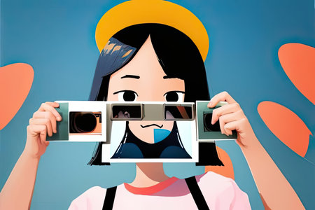 A young girl stands confidently, showcasing two vintage cameras in front of her, with a playful expression. Vibrant colors in the backdrop create a lively atmosphere, emphasizing the joy of photography.の素材