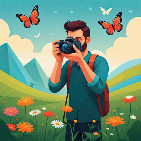 In a colorful meadow, a photographer captures the essence of nature with a camera. Butterflies flutter around as serene mountains rise in the background under a clear sky.の素材