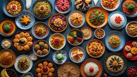 A vibrant assortment of traditional dishes is arranged beautifully on various plates, highlighting the culinary diversity of different cultures during a festive celebration.の素材