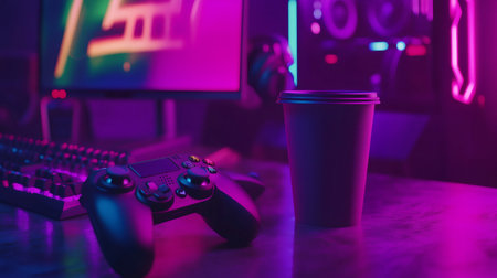 Gamer desk setup with gamepad, keyboard, monitor and coffee under neon lightの素材