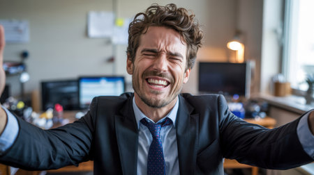 A man wearing a suit expresses joy and excitement in a contemporary office space, with computer desks and office equipment visible in the background during the daytime.の素材