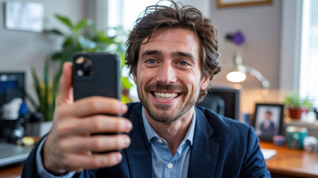Portrait of smiling entrepreneur taking photo with mobile phone in modern officeの素材