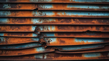 Layers of rust and peeling paint create a unique texture on a corrugated metal surface in an urban area. The interplay of colors highlights the wear from years of exposure to elements.の素材