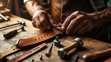 A skilled craftsman is seen closely working on a leather strap, using various tools in an artisan workshop.の素材