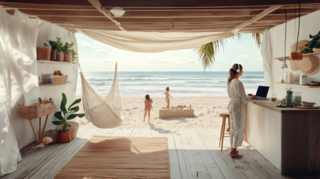 Woman working remotely from a tropical beachside co living space while her children are building a sandcastleの素材