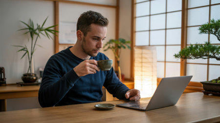 A young man sips tea while focused on his laptop in a calming indoor environment.の素材